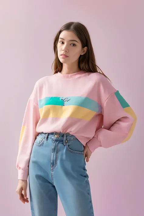 Dans une jolie chambre aux couleurs pastel, Elle porte un trop top et un pantalon court en jean.. Elle a une expression confuse, inclinant la tête face à un message d&#39;error at&#39;screen. Des peluches et des affiches l’entourent, create a cute, Ambianc...