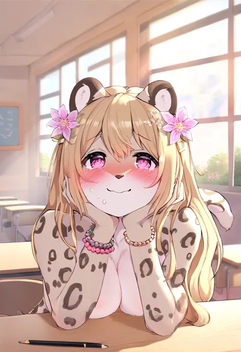 Snow Leopard Girl,Pink Eyes,Yellow long hair,Beige leopard ears,Beige leopard tail,Black leopard print,Beige leopard fur,,,Flower Hairpin,Beaded Bracelets,classroom,morning,White sunlight,View your viewers,smile,Excited face,Apply blush all over the face,D...