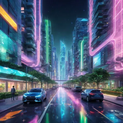 Create an incredibly amazing and fantastical image utilizing "Artificial Lighting." Imagine a futuristic urban landscape at night, where the entire city is illuminated by a complex network of artificial lights. The scene is a dazzling display of neon color...