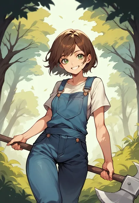 a drawing of a woman holding an axe with a forest background in the background, 1girl, green eyes, solo, axe, brown hair, short hair, overalls, smile