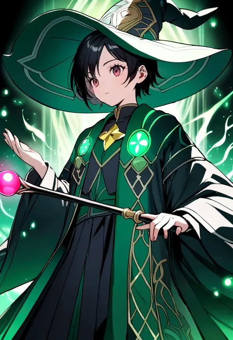 a magical girl with healing powers, maroon eyes, short black hair like a boy, wearing a black and green magical academic uniform with a wizards hat and a large wand in her hand, wearing a cool black magic robe with green patterns 