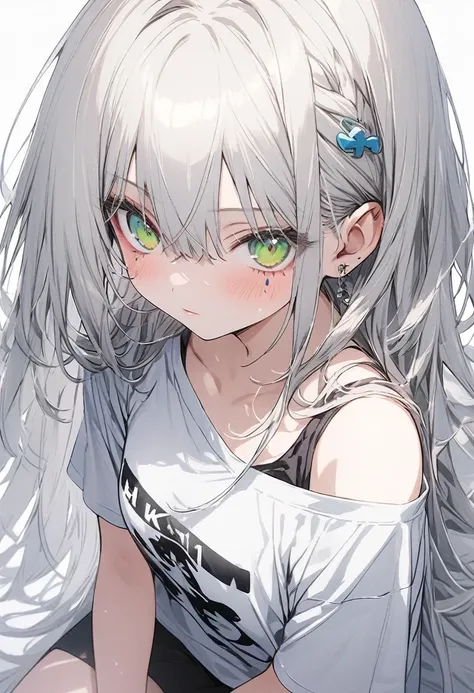 （(1girl)），16K,ultra detailed,(((high resolution)))，straight hair,large breatst,(Masterpiece)，Super detailed，Simple Background，White background，Cool look,((HK416)) ，expressionless，（white hair)，((long hair))，Teenage Girls,Clear Eyes，(Green Eyes),Clear white ...