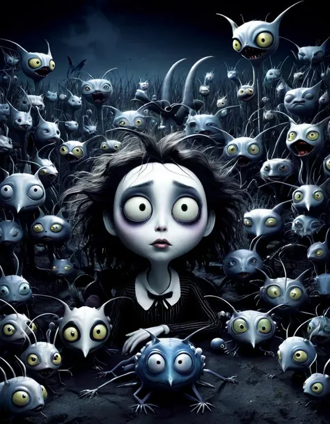 A nightmare dream, with fantastic animals, gatos, peces, insectos, escarabajos y luciernagas, con el estilo de Tim Burton y el surrealismo.