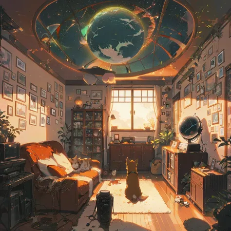 ((anime:1.4,illustration)),(masterpiece, top quality, best quality),(ultra-detailed, absolutely resolution),((16k, high res)), (((Interior, small living room, planetarium on the whole ceiling, boy and dog looking up)) ((cosy lofi illustration:1.4)), ((anim...