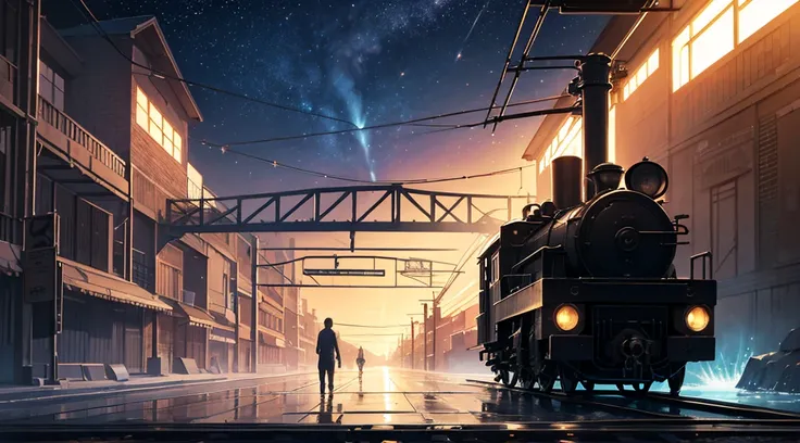 High quality masterpiece ，landscape，Animated train passing through water on the tracks， Shining starry sky。Romantic Train，irritating，Concept Art，Lofi Art style，Reflective plate。 by Makoto Shinkai, Lofi Art, Beautiful anime scene, アニメのlandscape, 詳細なlandscap...