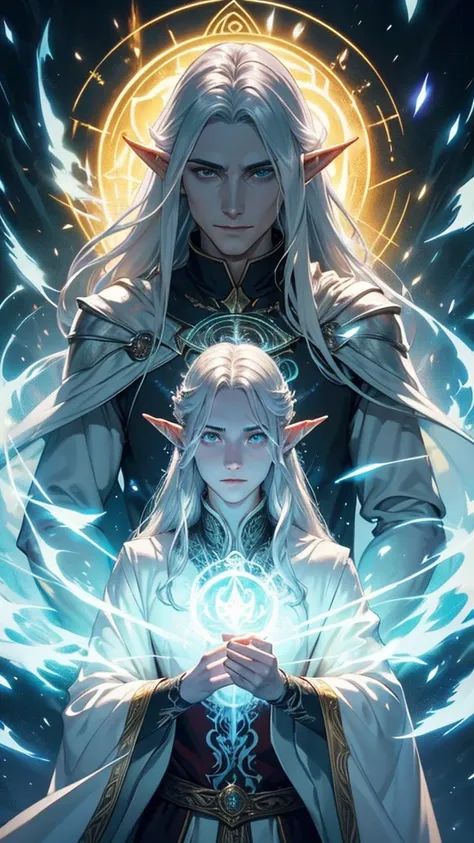 arafed male elf with long silver hair and a feathered white cape, intense amber eyes, portrait of fin wildcloak, and intricate runes etched on magic ghostly shimmering, This breathtaking portrait, showcases every intricate detail in stunning clarity. The w...