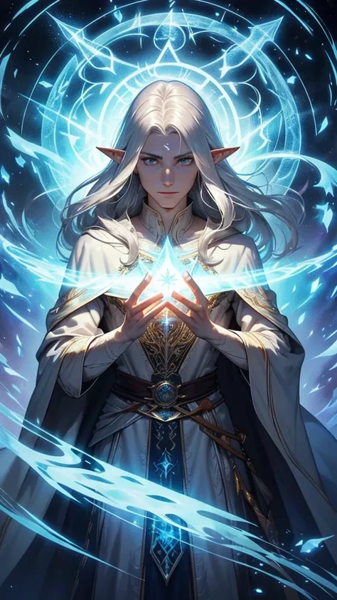 arafed male elf with long silver hair and a feathered white cape, intense amber eyes, portrait of fin wildcloak, and intricate runes etched on magic ghostly shimmering, This breathtaking portrait, showcases every intricate detail in stunning clarity. The w...