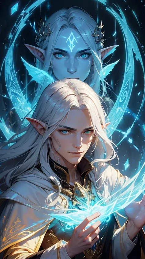 arafed male elf with long silver hair and a feathered white cape, intense amber eyes, portrait of fin wildcloak, and intricate runes etched on magic ghostly shimmering, This breathtaking portrait, showcases every intricate detail in stunning clarity. The w...