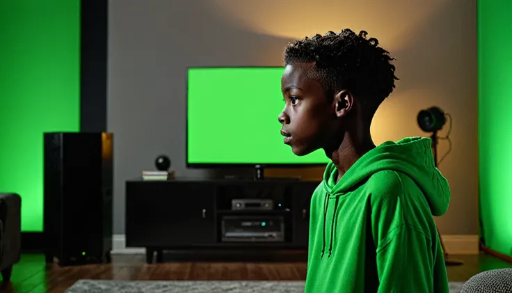 Mysterious dark boy side view watching full green screen in TV clearly visible background dark 