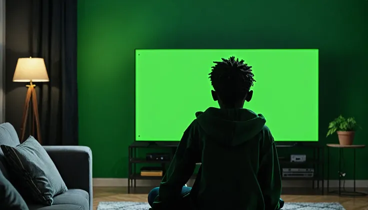 Mysterious dark boy side view watching full green screen in TV clearly visible background dark 