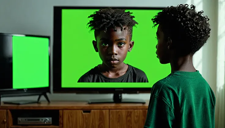 Mysterious dark boy side view watching full green screen in TV clearly visible background dark 