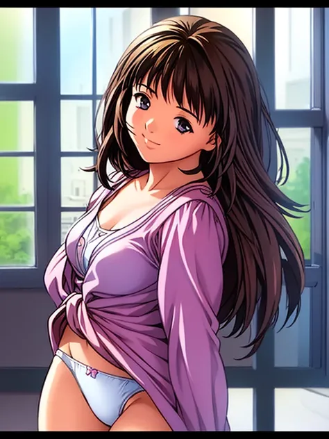 A young woman in a lavender bra and panties set is standing in front of a window. The woman has long brown hair and is looking at the camera with a smile. The image is taken from a slightly low angle.