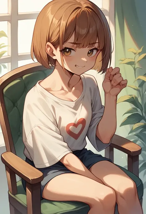 girl sitting bossy in a chair, with a big minji sign at the back, golden brown hair, bob cut with a cute bangs, medium chest, with a cute smirk on her face