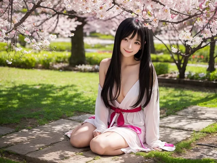 cute girl 

long hair 

(black hair) 

gentle smile 

naked figure 

colorful flower garden 

girl sitting 

clear scenery 

Big cherry trees on the left and right 

japanese girl 

photographed alone 

