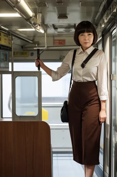 1woman, idol, bob cut, short hair, brown hair, camisole、Culottes skirt、 train, inside a train, grab a strap, 20s, office lady, carrying a backpack,