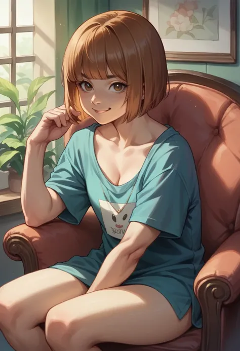 girl sitting bossy in a chair, with a big minji sign at the back, golden brown hair, bob cut with a cute bangs, medium chest, with a cute smirk on her face, realistic style 