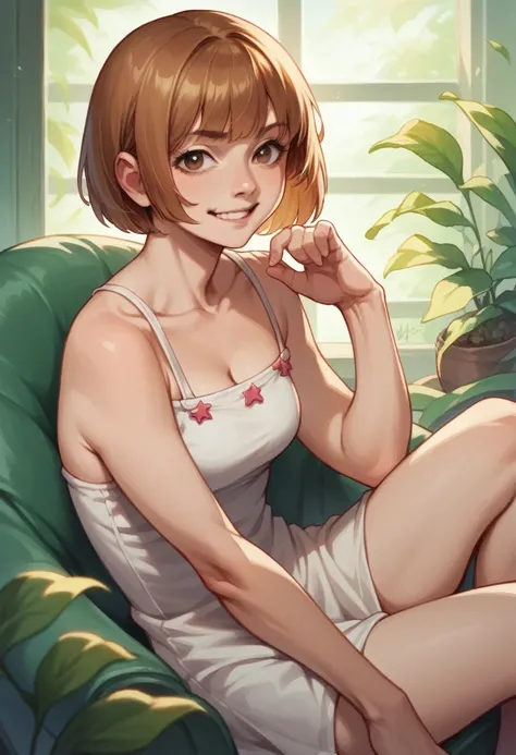 girl sitting bossy in a chair, with a big minji sign at the back, golden brown hair, bob cut with a cute bangs, medium chest, with a cute smirk on her face, realistic style 