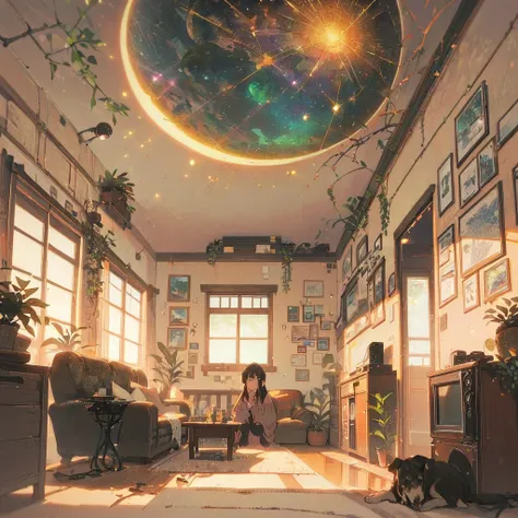 ((anime:1.4,illustration)),(masterpiece, top quality, best quality),(ultra-detailed, absolutely resolution),((16k, high res)), (((Interior, small living room, planetarium on the whole ceiling, boy and dog looking up)) ((cosy lofi illustration:1.4)), ((anim...