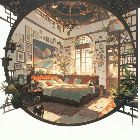 ((anime:1.4,illustration)),(masterpiece, top quality, best quality),(ultra-detailed, absolutely resolution),((16k, high res)), (((Interior, small living room, planetarium on the whole ceiling, boy and dog looking up)) ((cosy lofi illustration:1.4)), ((anim...