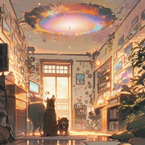 ((anime:1.4,illustration)),(masterpiece, top quality, best quality),(ultra-detailed, absolutely resolution),((16k, high res)), (((Interior, small living room, planetarium on the whole ceiling, boy and dog looking up)) ((cosy lofi illustration:1.4)), ((anim...