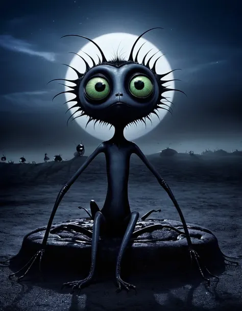 A nightmare dream, with fantastic animals, gatos, tlacuaches insectos, escarabajos y luciernagas, con el estilo de Tim Burton y el surrealismo.