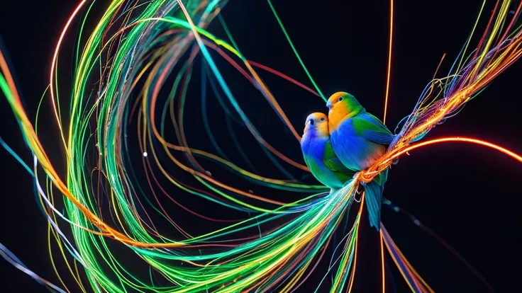 image of a fiber optic cable that forms a lovebird, the end of the optic cable looks tangled in a mess, the optic cable of various colors looks spectacular starting to unravel, all of which spins away with the end glowing with light