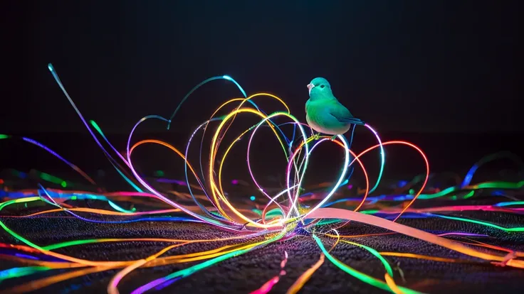 image of a fiber optic cable that forms a lovebird, the end of the optic cable looks tangled in a mess, the optic cable of various colors looks spectacular starting to unravel, all of which spins away with the end glowing with light