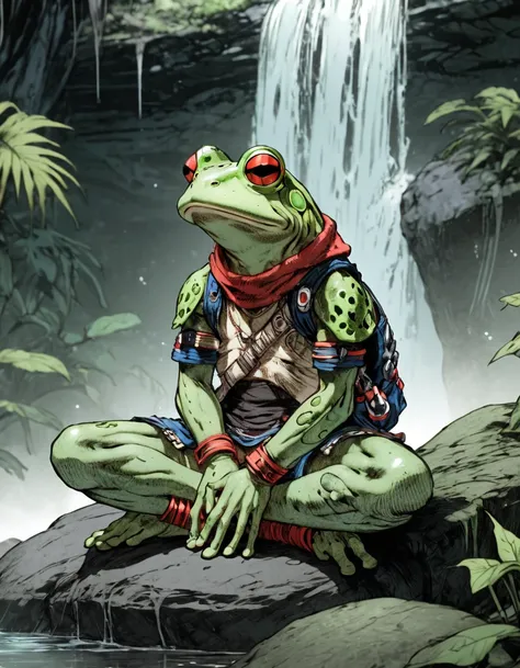 (sketch art, concept art:1.4),(masterpiece rough sketch drawing), best quality, solo closeup, meditating frog warrior, green skin (Akihiko Yoshida Style), high contrast, space theme, grunge, punk rock, waterfall
