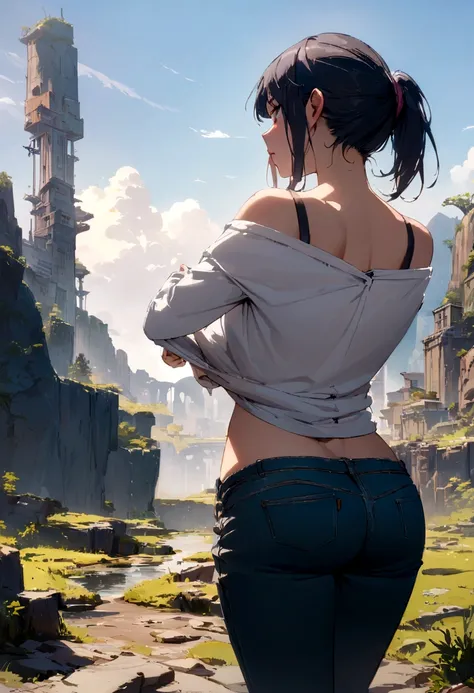 Woman, shirt, pants, undressing, vivid, epic, cinematic scene, scenery, detailed background, masterpiece, best quality, high quality, absurdres, sfw 