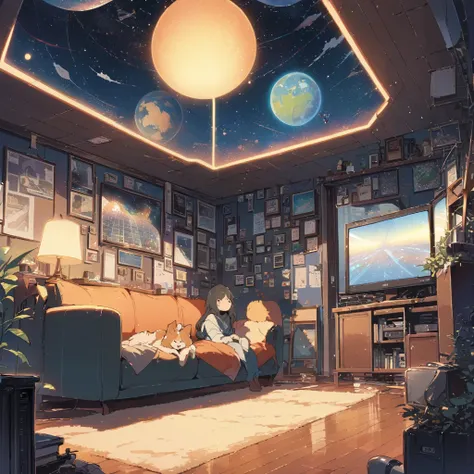 ((anime:1.4,illustration)),(masterpiece, top quality, best quality),(ultra-detailed, absolutely resolution),((16k, high res)), (((Interior, small living room, planetarium on the whole ceiling, boy and dog looking up)) ((cosy lofi illustration:1.4)), ((anim...