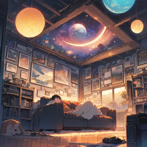 ((anime:1.4,illustration)),(masterpiece, top quality, best quality),(ultra-detailed, absolutely resolution),((16k, high res)), (((Interior, small living room, planetarium on the whole ceiling, boy and dog looking up)) ((cosy lofi illustration:1.4)), ((anim...