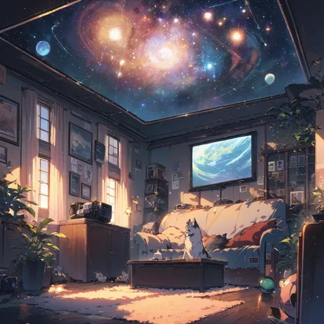 ((anime:1.4,illustration)),(masterpiece, top quality, best quality),(ultra-detailed, absolutely resolution),((16k, high res)), (((Interior, small living room, planetarium on the whole ceiling, boy and dog looking up)) ((cosy lofi illustration:1.4)), ((anim...