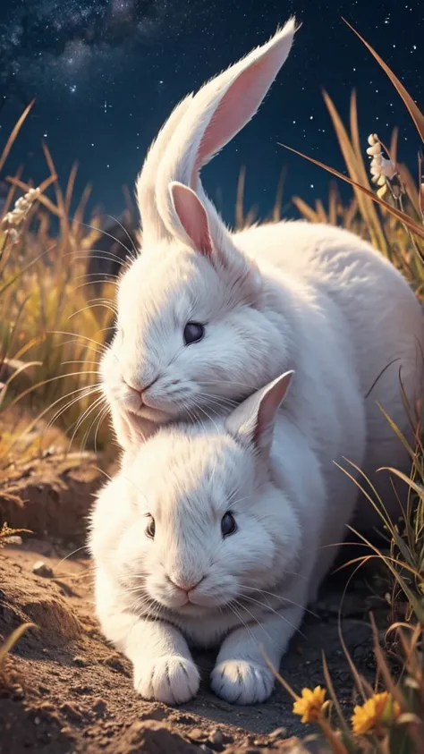 A high-quality image of a white rabbit sleeping peacefully under a starry night sky, with a cute and serene expression that would be soothing and adorable for viewers of all ages.