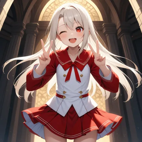 (masterpiece, best quality, very aesthetic, ultra detailed), intricate details,
1girl, illyasviel von einzbern, fate (series), white hair, red eyes, one eye closed, open mouth, skirt, double v, smile,