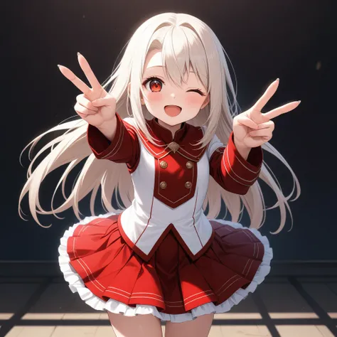 (masterpiece, best quality, very aesthetic, ultra detailed), intricate details,
1girl, illyasviel von einzbern, fate (series), white hair, red eyes, one eye closed, open mouth, skirt, double v, smile,