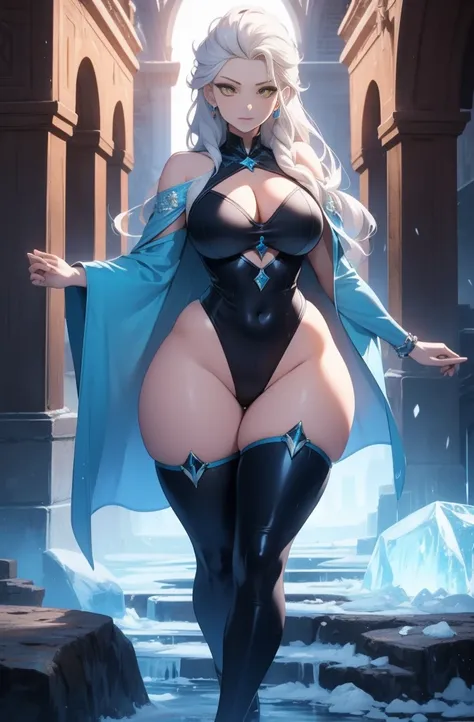 female, solo, young, sexy body, voluptuous figure, tightsuit, white hair, decolored blonde hair, ice effects around, ice queen, beautifull face, long hair, defined body, yellow and bright eyes, thick legs, strong legs, tall, Voluptuous legs, huge ass, big ...