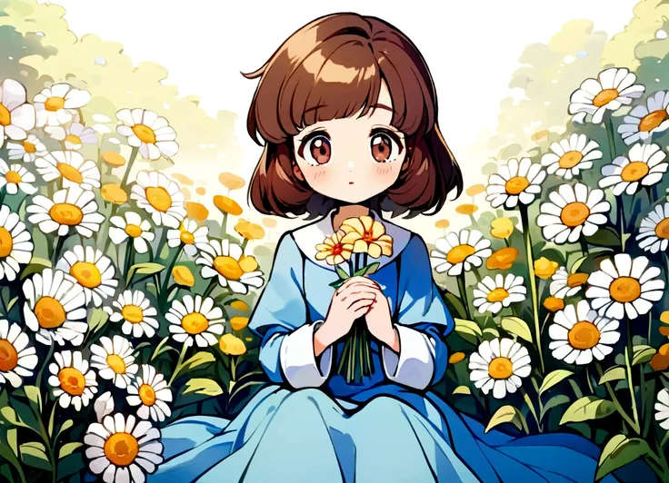 A girl with dark brown hair, brown eyes, blue dress, sitting in a field full of flowers, looking at a flower that she holds in her hands. cartoon-like style: Madeline