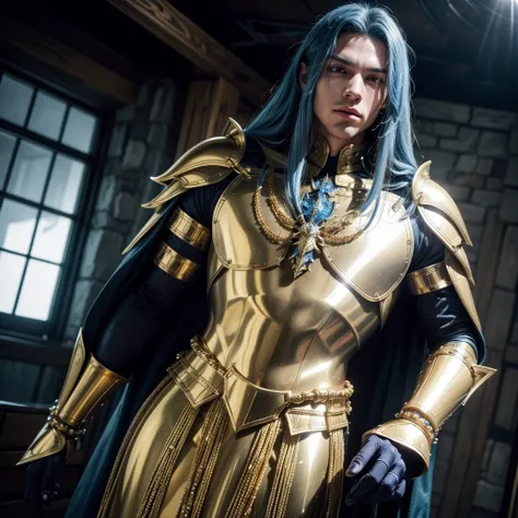 create a man wearing heavily shiny golden armor with impressive details in the metal and he wears a long beaded cape attached to the armor and long blue hair and his armor has the resemblance of a scorpion