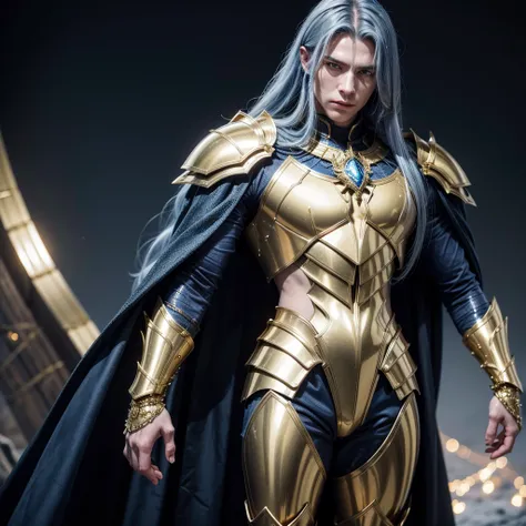 create a man wearing heavily shiny golden armor with impressive details in the metal and he wears a long beaded cape attached to the armor and long blue hair and his armor has the resemblance of a scorpion