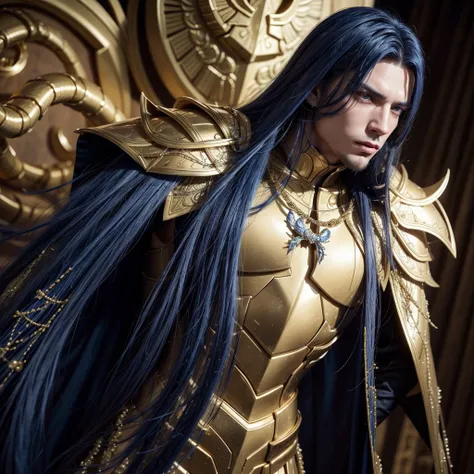 create a man wearing heavily shiny golden armor with impressive details in the metal and he wears a long beaded cape attached to the armor and long blue hair and his armor has the resemblance of a scorpion