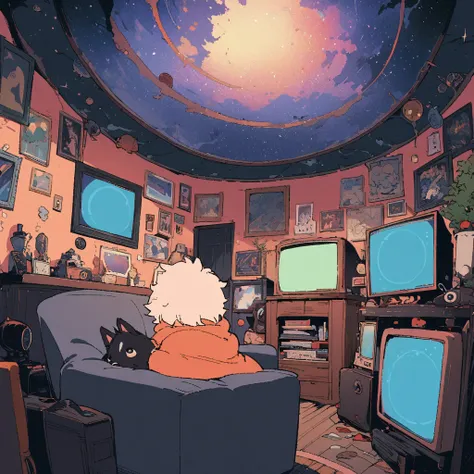 ((anime:1.4,illustration)),(masterpiece, top quality, best quality),(ultra-detailed, absolutely resolution),((16k, high res)), (((Interior, small living room, planetarium on the whole ceiling, boy and dog looking up)) ((cosy lofi illustration:1.4)), ((anim...