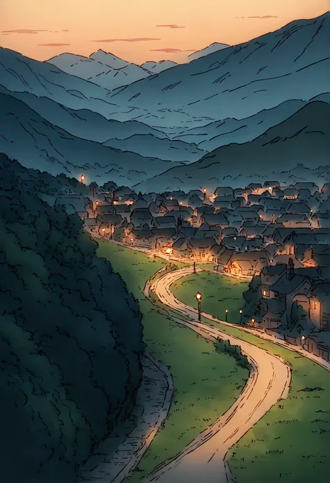 Backgrounds, Silvagenitus, 5 AM, town, trees, grass, road, mountains, sparkling water, anime, Makoto Shinkai style, masterpiece, top quality, ultra high definition, absurdres, hyper detailed, 8K