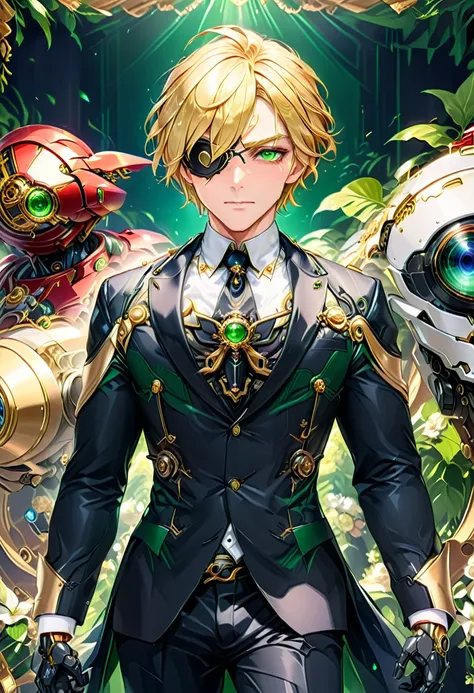 Arafed a picture of a human male spy, wearing dark suit, wearing ((mecha eye patch)), ((eye patch covering only one eye: 1.5))exquisite beautiful male, blond hair, short crop hair, green eyes, eye patch has intricate mechanical part in it, high society gal...