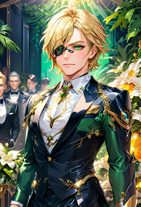 Arafed a picture of a human male spy, wearing dark suit, wearing ((mecha eye patch)), ((eye patch covering only one eye: 1.5))exquisite beautiful male, blond hair, short crop hair, green eyes, eye patch has intricate mechanical part in it, high society gal...