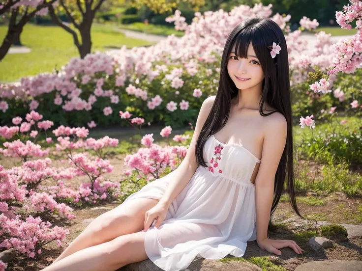 cute girl 

long hair 

(black hair) 

gentle smile 

naked figure 

colorful flower garden 

girl sitting 

clear scenery 

Big cherry trees on the left and right 

japanese girl 

photographed alone 

