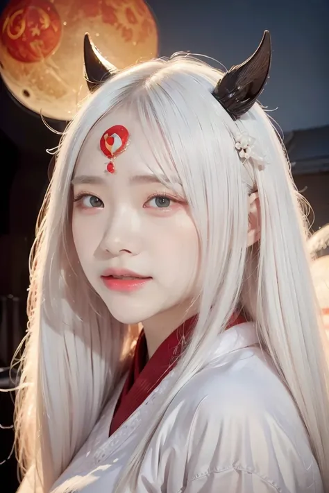 face lighting,bright backlight,super high resolution,best quality,Photos,4k,(Realistic:1.2),huiye,1girl,(kimono:1.1),(the third eye:1.3),horns,(pale skin:1.5),(white hair:1.2),long hair,(night:1.2),
(red moon:1.4),