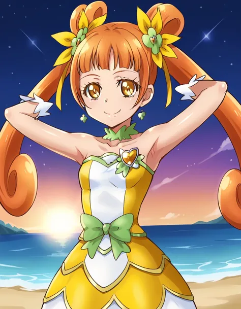 curerosetta, shiny skin,  high quality, solo, 1girl, night sky, beach, arms behind head, (contrapposto), closed mouth, spread ar...