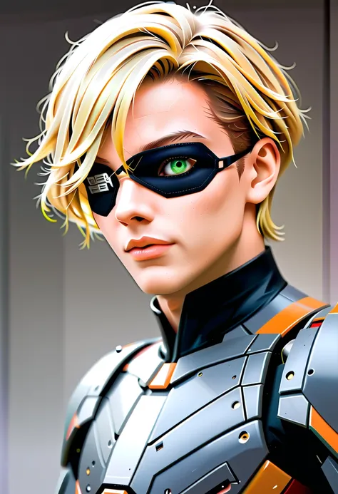 Arafed a picture of a human male spy, wearing dark suit, wearing ((mecha eye patch, eye patch covering only one eye: 1.5))exquisite beautiful male, blond hair, short crop hair, green eyes, eye patch has intricate mechanical part in it, high society gala ev...