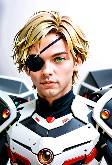 Arafed a picture of a human male spy, wearing dark suit, wearing ((mecha eye patch, eye patch covering only one eye: 1.5))exquisite beautiful male, blond hair, short crop hair, green eyes, eye patch has intricate mechanical part in it, high society gala ev...