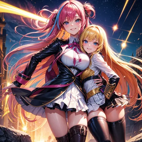 best quality，8K，masterpiece，beautiful girlゲーム，smile，two girls，One side turns its butt forward，smile，beautiful girl，leather jacket，Latest Fashion，beautiful girl，costume，light-novel，Isekai Fantasy，Magical girl，big breasts，Future fashion，uniform，blazer，mini s...